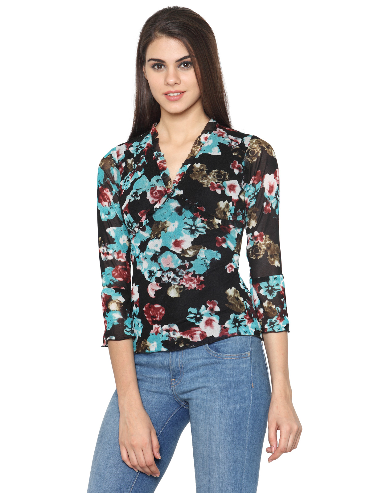 Ruffled 3/4th sleeve printed regular top